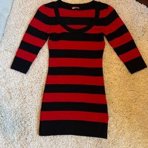 Black red stretchy mini dress bandage 3/4 sleeve stripe small wore once